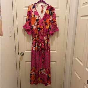 Floral V-Neck Pink Tie-Waist Maxi Dress